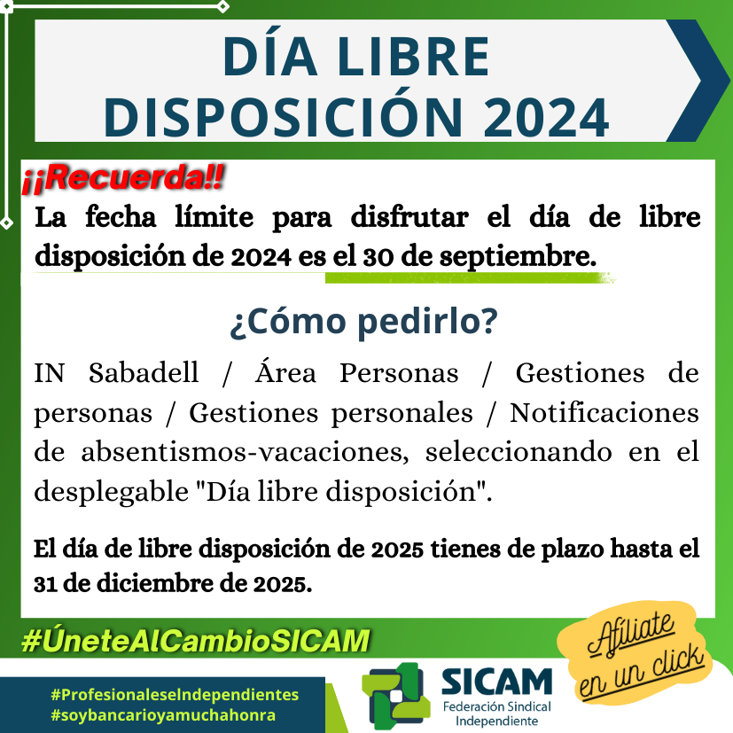 26 septiembre 2025. DÍA LIBRE DISPOSICIÓN 2024: DISFRÚTALO ANTES DEL 30 DE SEPTIEMBRE<br>